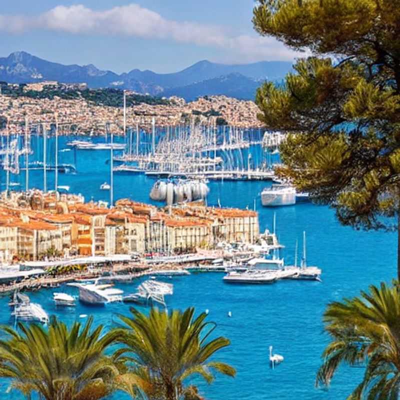 Aperçu sur le glamour estival de Cannes, France : Yachts scintillants, eaux azurées et l'emblématique Croisette, promesse d'une escapade luxueuse inoubliable. (A glimpse of Cannes' summer glamour: glittering yachts, azure waters, and the iconic Croisette, promising an unforgettable luxury getaway.)