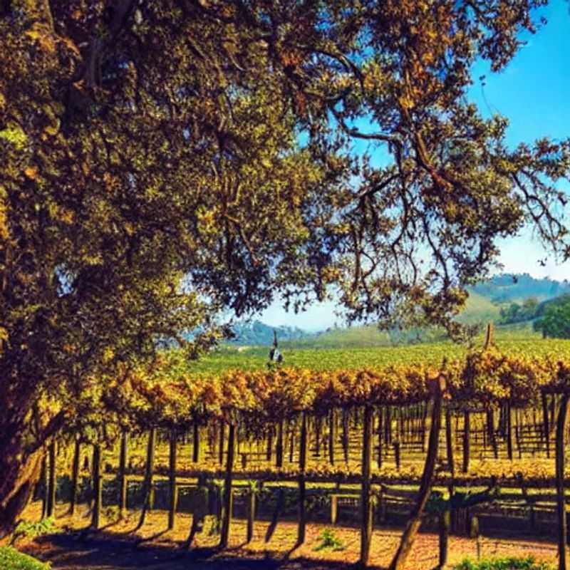Deux verres de vin rouge se reflétant dans le paysage verdoyant et luxuriant de la Napa Valley, l'incarnation du luxe et de la détente pour des vacances d'été inoubliables aux États-Unis.
