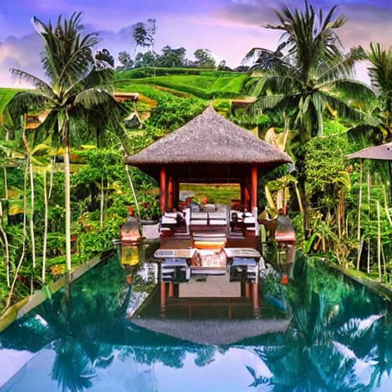 Deux couples profitant de la magnifique vue sur les rizières en terrasses de Ubud, Indonésie, lors de leurs vacances estivales luxueuses.