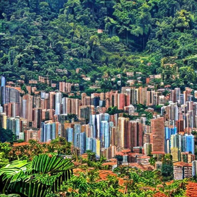 Sun-drenched Medellin: A vibrant panorama showcasing the city's modern architecture nestled amidst lush, emerald hills, hinting at the luxurious and unforgettable summer escape awaiting you.