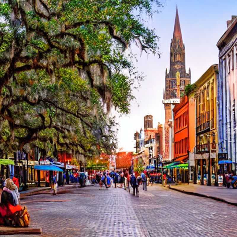 Savannah, Géorgie, au printemps : des maisons à la façade de mousse espagnole baignées de soleil.