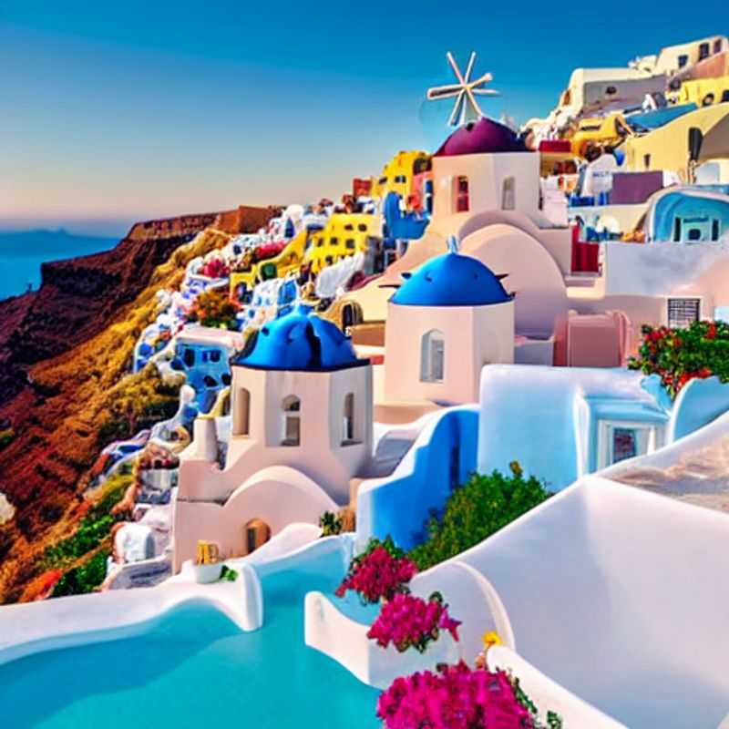 Santorin au printemps : des maisons blanchies à la chaux accrochées à la falaise, baignées de soleil printanier.