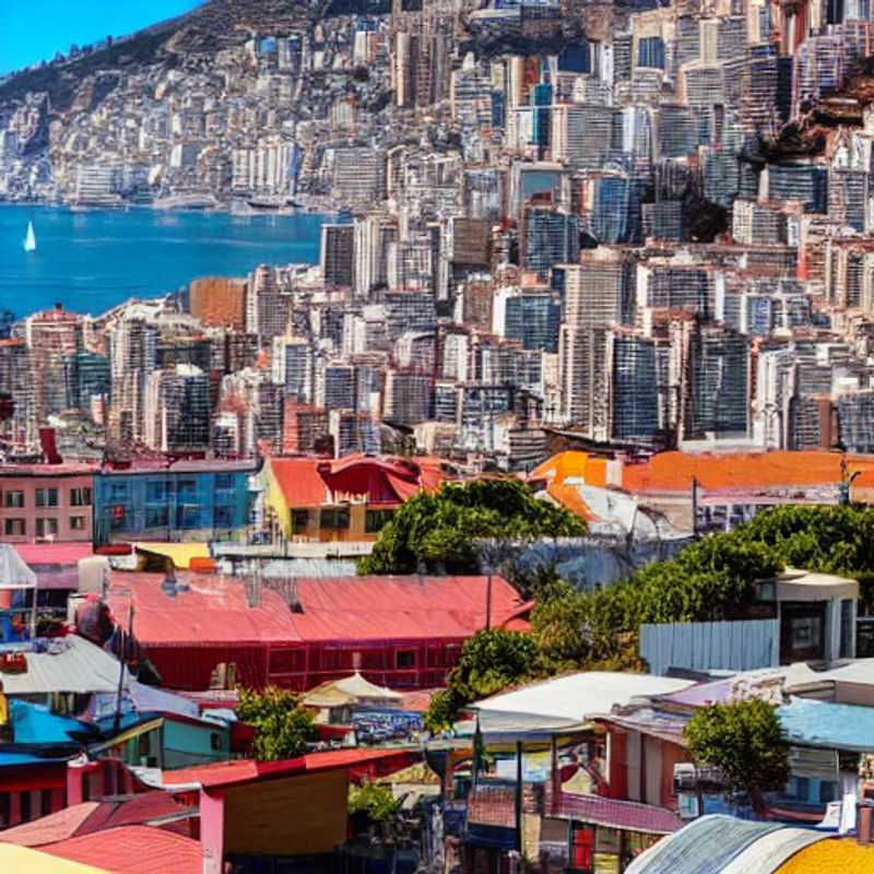 Valparaiso au printemps : maisons colorées accrochées à flanc de colline, sous un ciel bleu azur.