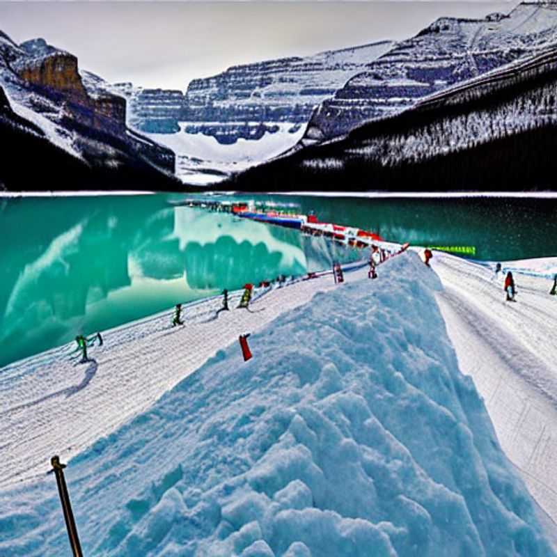 Esquiadores e snowboarders aproveitando a primavera no deslumbrante cenário do Lake Louise Ski Resort, Canadá.