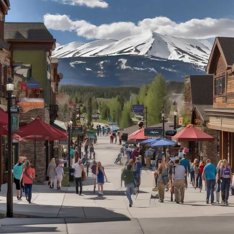 A vibrant street scene in Breckenridge, Colorado, USA, showcasing charming shops and snow-covered buildings, hinting at the diverse lodging options available throughout the town.