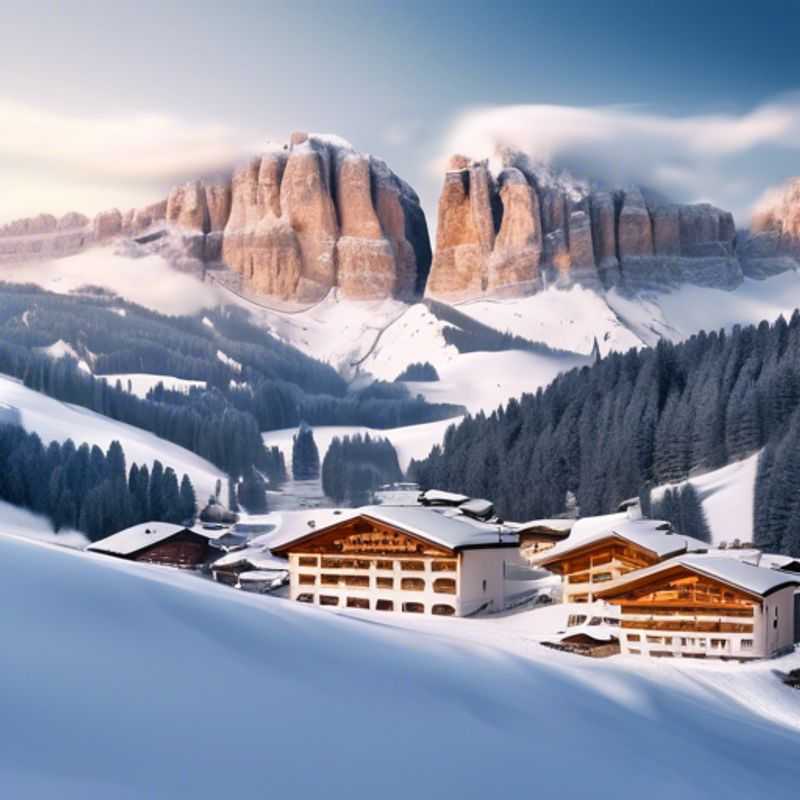 Un viajero solitario disfrutando de las impresionantes vistas de Alta Badia, Italia, durante sus vacaciones de esquí de 3 días en plena temporada de esquí, rodeado de majestuosas montañas y paisajes nevados.