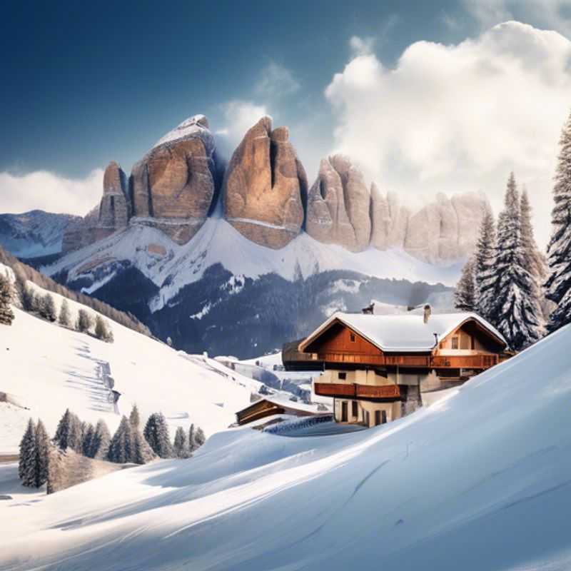 Seis viajantes desfrutando das deslumbrantes paisagens de Val Gardena, Itália, durante suas férias de esqui de 5 dias na temporada de esqui, cercados por montanhas cobertas de neve e pistas perfeitas.