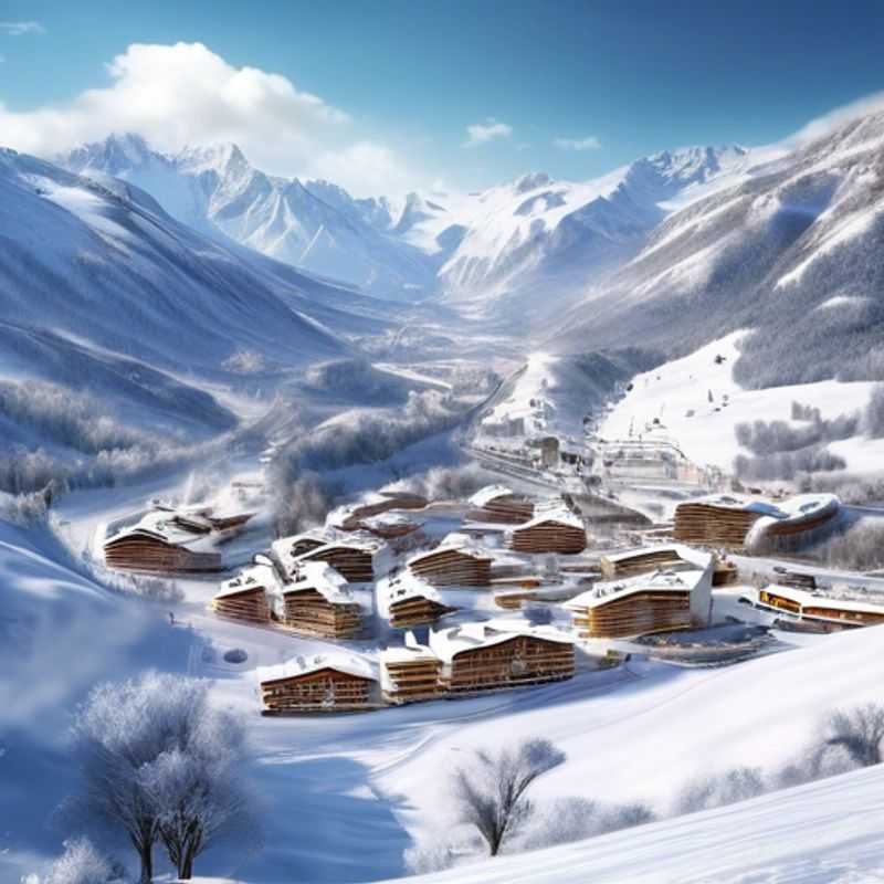 Cuatro amigos disfrutando de una emocionante aventura de esquí en Serre Chevalier, Francia, durante su escapada de 4 días en plena temporada de esquí, con paisajes nevados y montañas majestuosas de fondo.