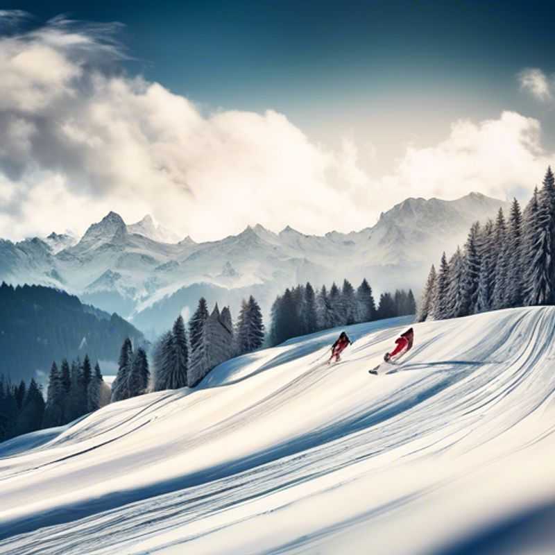 Quatro pessoas se divertindo nas encostas nevadas de Gstaad Mountain Rides, Suíça, durante suas férias de esqui de 3 dias na temporada de esqui.