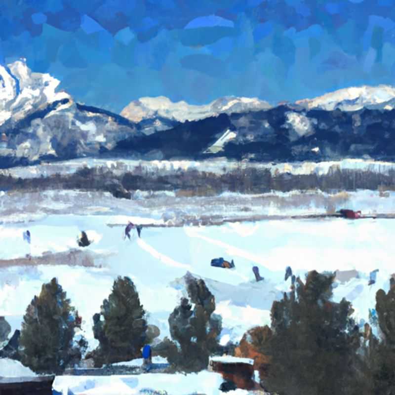 A family with bundled-up children gleefully glides down a snow-laden slope in Jackson Hole, USA, embracing the thrill and adventure of their 2-week skiing vacation amidst the breathtaking wintry landscapes.