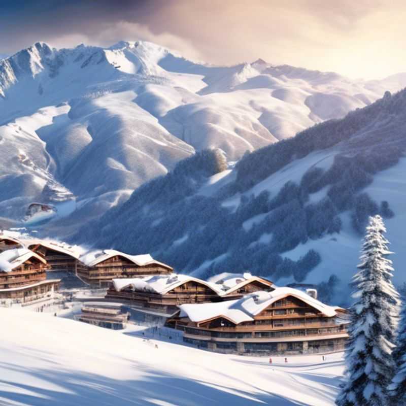 Quatro amigos desfrutando de uma emocionante aventura de esqui em Méribel, França, durante a temporada de esqui, com montanhas cobertas de neve ao fundo e pratos deliciosos que celebram a gastronomia local.