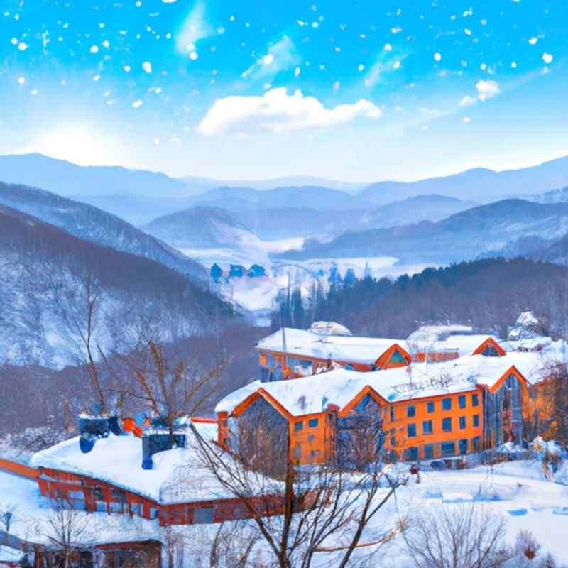 Four intrepid skiers carving fresh tracks down the pristine slopes of Yongpyong Resort, South Korea, during their exhilarating 5-day ski vacation amidst the breathtaking winter wonderland.
