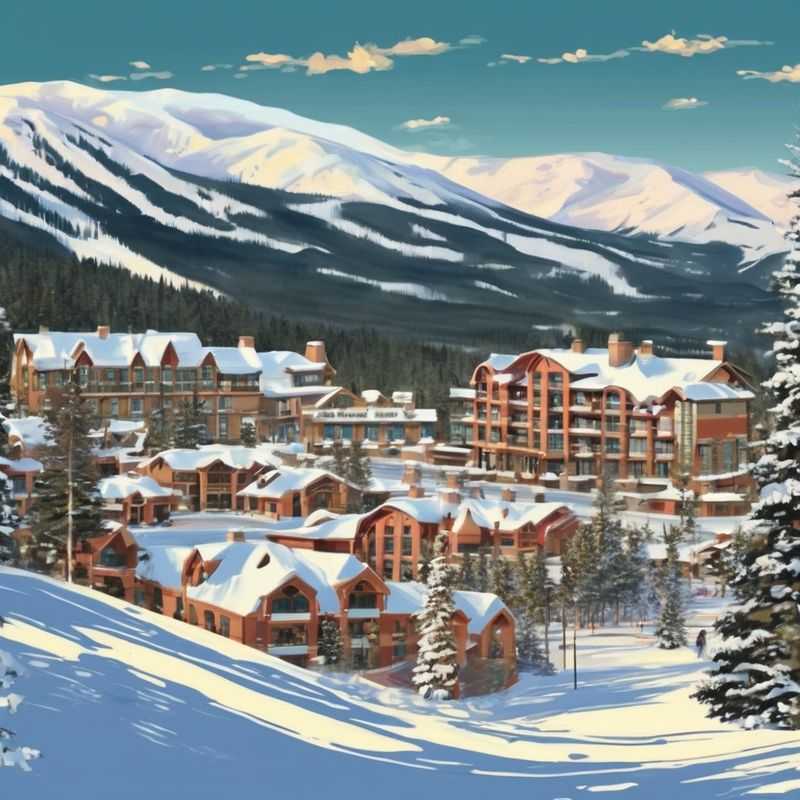 A vibrant street scene in Breckenridge, Colorado, USA, showcasing charming shops and snow-covered buildings, hinting at the diverse lodging options available throughout the town.