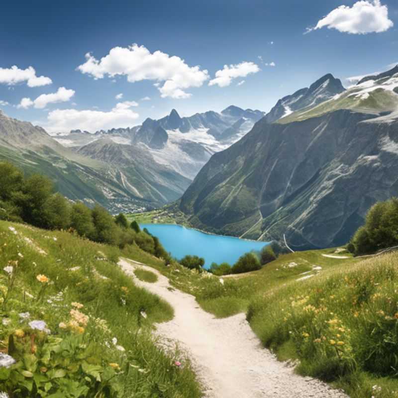 A group of six eco-tourists reveling in the stunning snowy slopes of Les Arcs, France, showcasing their skiing skills amidst breathtaking alpine scenery during their two-week ski vacation.