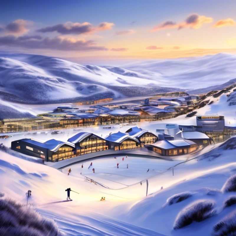 Six friends bundled up in colorful ski gear, joyfully navigating the pristine slopes of Perisher, Australia, during their exhilarating one-week skiing vacation amidst the vibrant atmosphere of ski season.