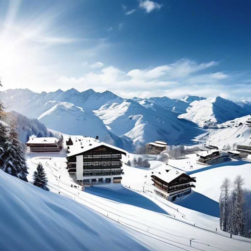 Six amis profitant d'une journée ensoleillée sur les pistes de ski de Davos Klosters, en Suisse, pendant leurs vacances de trois semaines, avec un paysage alpin spectaculaire en toile de fond.
