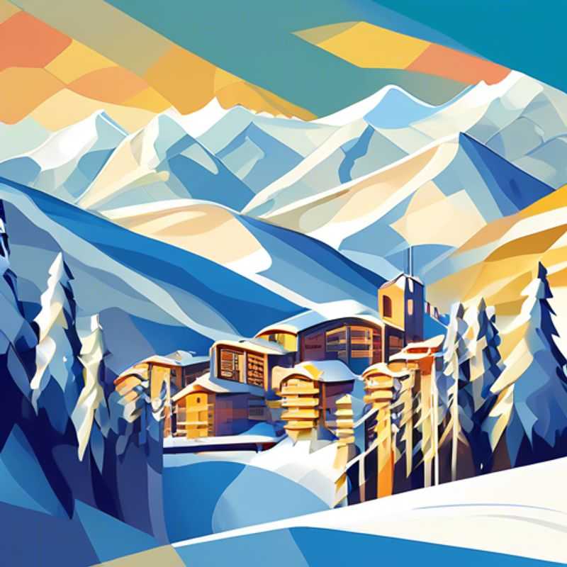 A group of six eco-tourists reveling in the stunning snowy slopes of Les Arcs, France, showcasing their skiing skills amidst breathtaking alpine scenery during their two-week ski vacation.