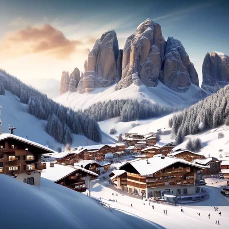 Seis viajantes desfrutando das deslumbrantes paisagens de Val Gardena, Itália, durante suas férias de esqui de 5 dias na temporada de esqui, cercados por montanhas cobertas de neve e pistas perfeitas.