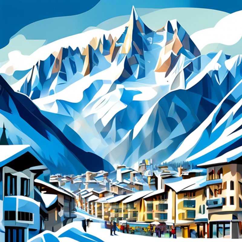 A lively group of six friends carving through pristine snow on the slopes of Chamonix Mont-Blanc, France, capturing the thrill and camaraderie of their two-week skiing vacation amidst breathtaking alpine scenery.