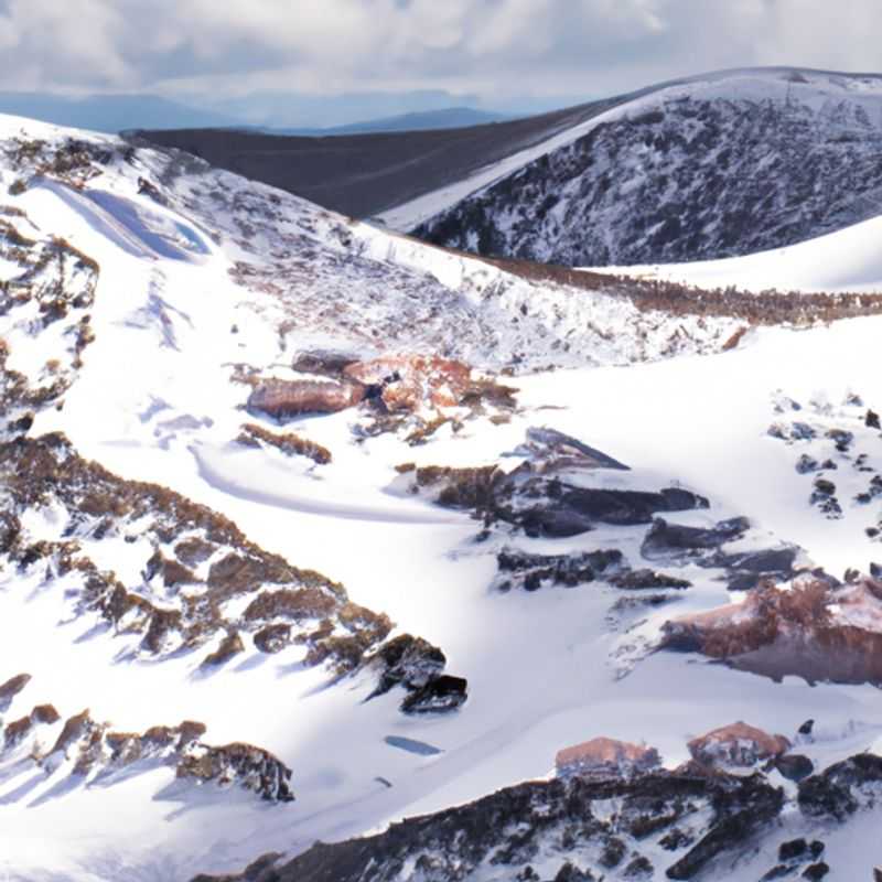 Four intrepid skiers pose triumphantly against the breathtaking backdrop of snow-capped Mount Hotham, Australia, amidst their exhilarating week-long ski adventure during the peak of the ski season.