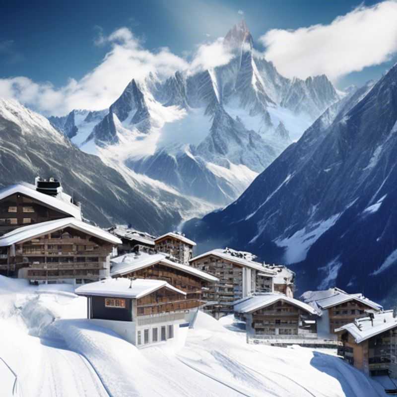 A lively group of six friends carving through pristine snow on the slopes of Chamonix Mont-Blanc, France, capturing the thrill and camaraderie of their two-week skiing vacation amidst breathtaking alpine scenery.