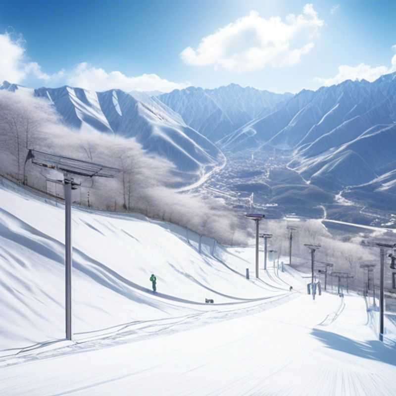Una pareja disfrutando de unas vacaciones de esquí en el impresionante Valle de Hakuba, Japón, rodeados de paisajes nevados durante su escapada de 5 días en la temporada de esquí, enfocándose en el bienestar y la aventura.
