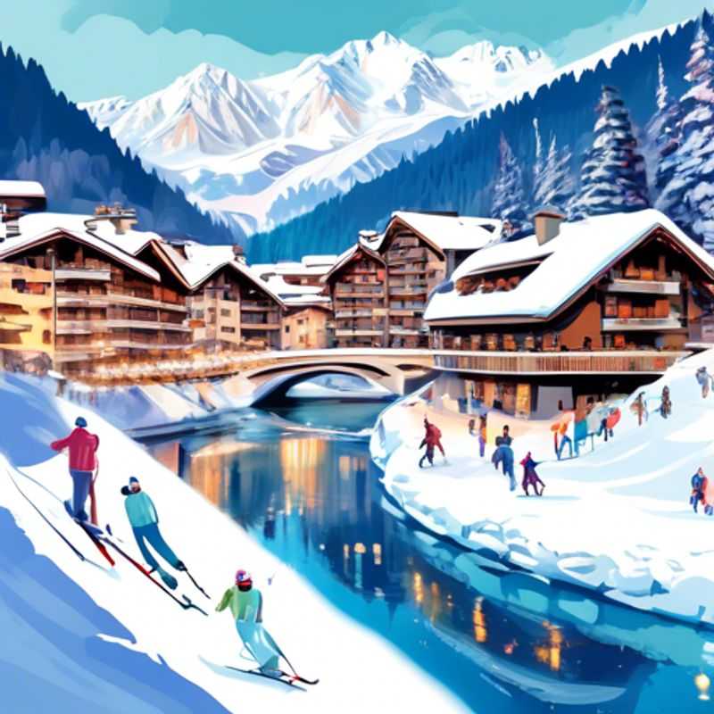 A lively group of six friends reveling in the winter wonderland of Courchevel, France, as they embark on their thrilling three-week skiing vacation during peak ski season.