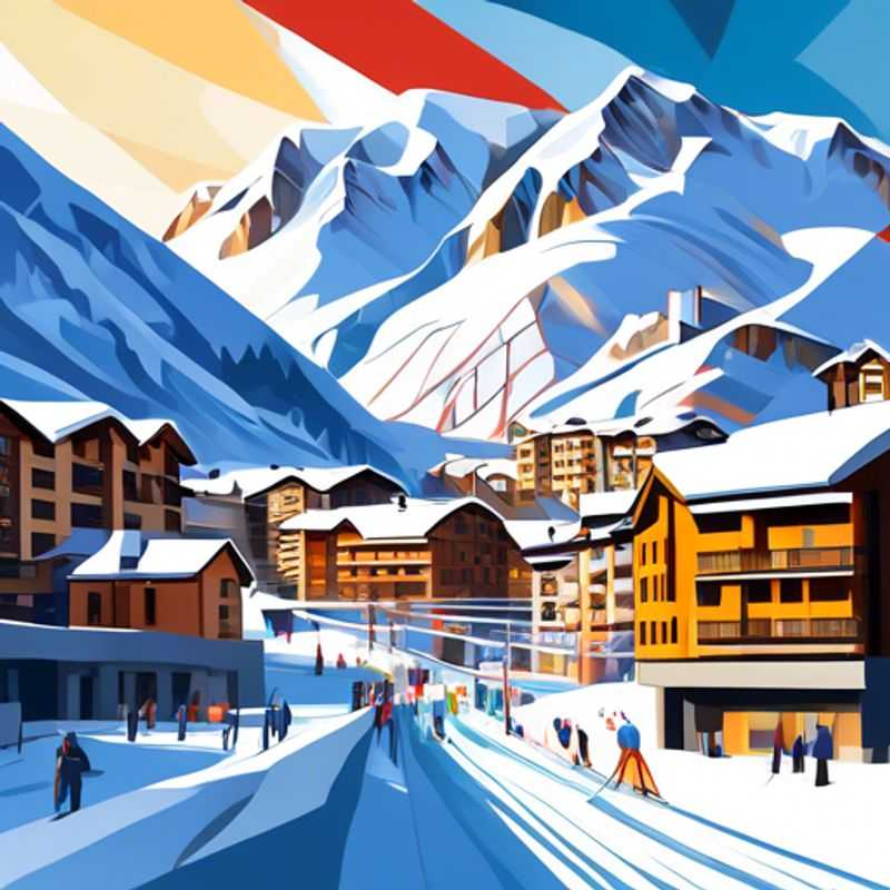 A lively group of four friends carving through the powdery slopes of Val d'Isère, France, embracing the thrill of their two-week skiing adventure during peak ski season.