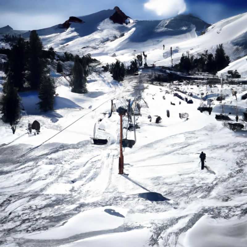 A couple skiing down a pristine slope at Kirkwood, USA, surrounded by breathtaking mountain vistas, on their adventurous 5-day ski vacation during peak season.
