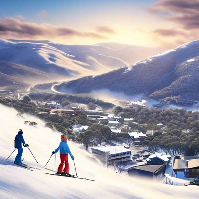 A joyful family with children skiing down the picturesque slopes of Thredbo, Australia, surrounded by stunning snow-covered mountains, capturing the thrill of their 4-day ski vacation during the vibrant ski season.