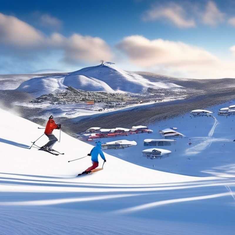 Six friends bundled up in colorful ski gear, joyfully navigating the pristine slopes of Perisher, Australia, during their exhilarating one-week skiing vacation amidst the vibrant atmosphere of ski season.