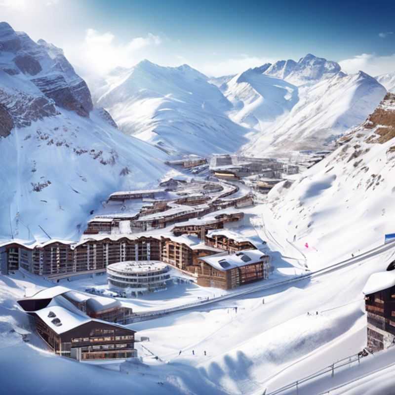 A lively group of four friends carving through the powdery slopes of Val d'Isère, France, embracing the thrill of their two-week skiing adventure during peak ski season.