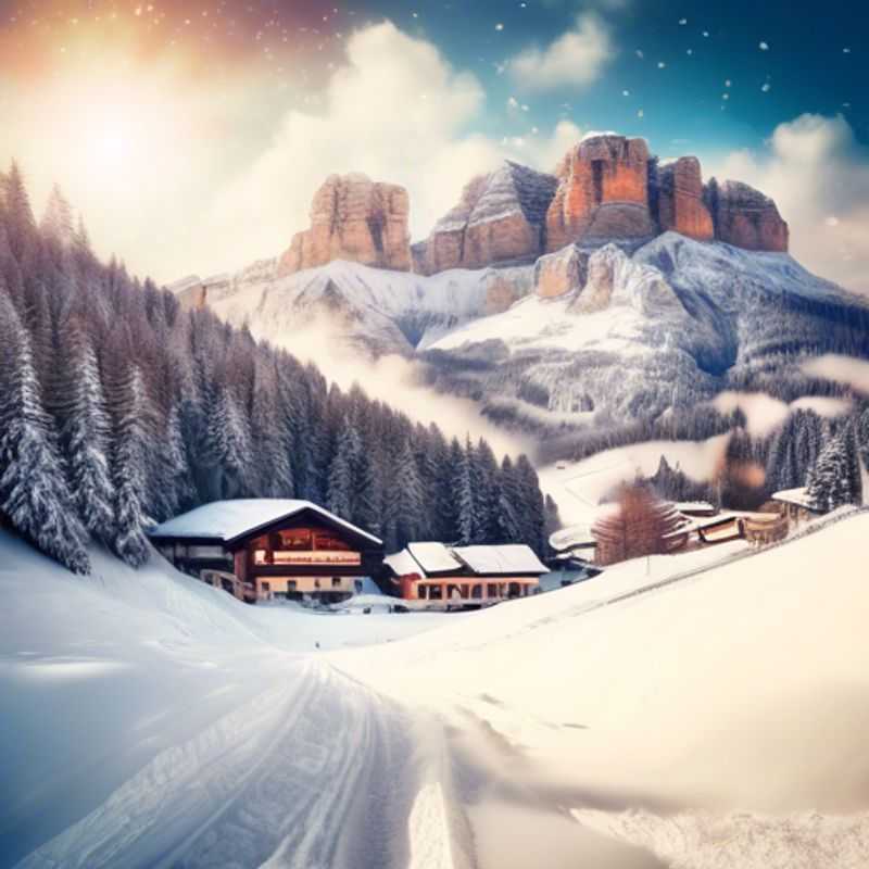 Un viajero solitario disfrutando de las impresionantes vistas de Alta Badia, Italia, durante sus vacaciones de esquí de 3 días en plena temporada de esquí, rodeado de majestuosas montañas y paisajes nevados.