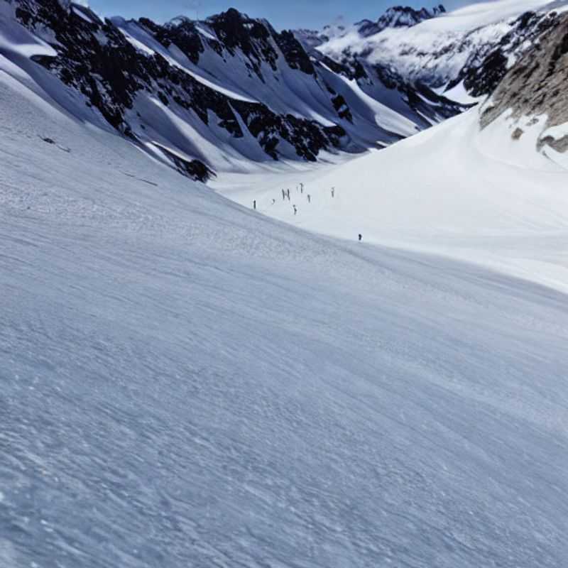 Vista deslumbrante da Geleira Pitztal, Áustria, com a neve brilhando sob o sol da primavera, oferecendo paisagens espetaculares e atividades emocionantes para aproveitar durante as férias de primavera.