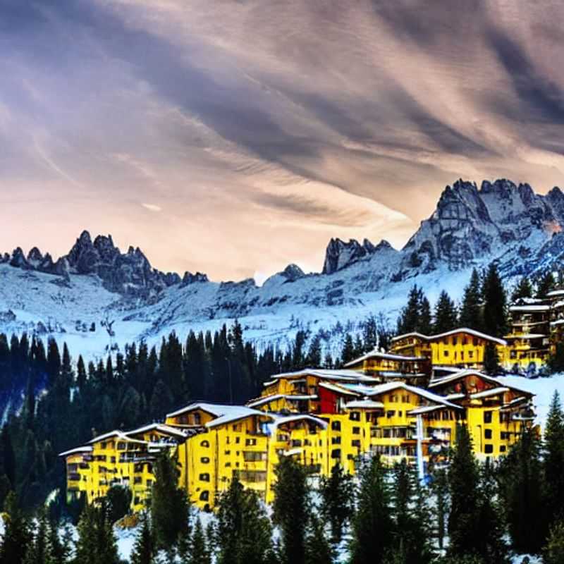 Duas pessoas brindando com taças de vinho espumante, com as montanhas Dolomitas cobertas de neve ao fundo, em Madonna di Campiglio, Itália, durante as férias da primavera.