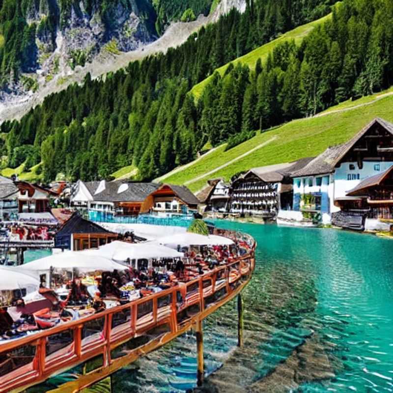Casais brindando com canecas de cerveja em um terraço ensolarado em Mayrhofen, Áustria, aproveitando o espírito da primavera em meio às montanhas nevadas, perfeito para as férias da primavera.