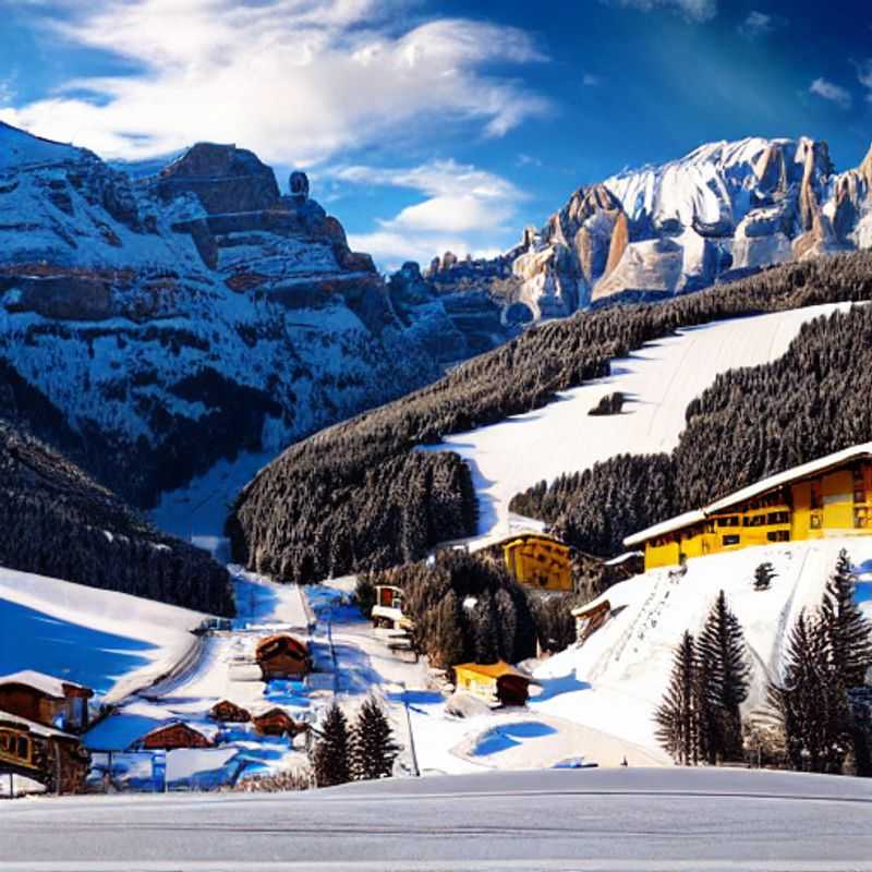 Casais aproveitando a vista deslumbrante das Dolomitas floridas, esquiando em Corvara, Itália, durante o feriado da primavera. Aventura e beleza em perfeita harmonia.