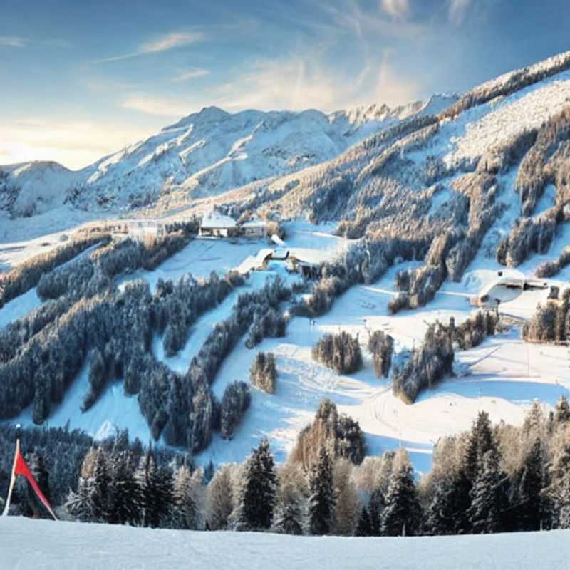 Casais aproveitando a vista exuberante das montanhas floridas de Axamer Lizum, na Áustria, durante as férias da primavera, com picos nevados ao fundo e muita alegria no ar.