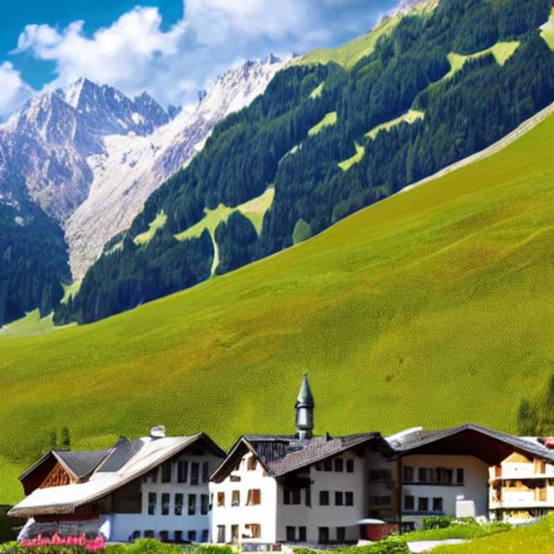 Vislumbre da paisagem alpina exuberante de Lech Zürs am Arlberg, Áustria, durante o spring break: montanhas verdejantes e picos nevados convidando a aventuras inesquecíveis.