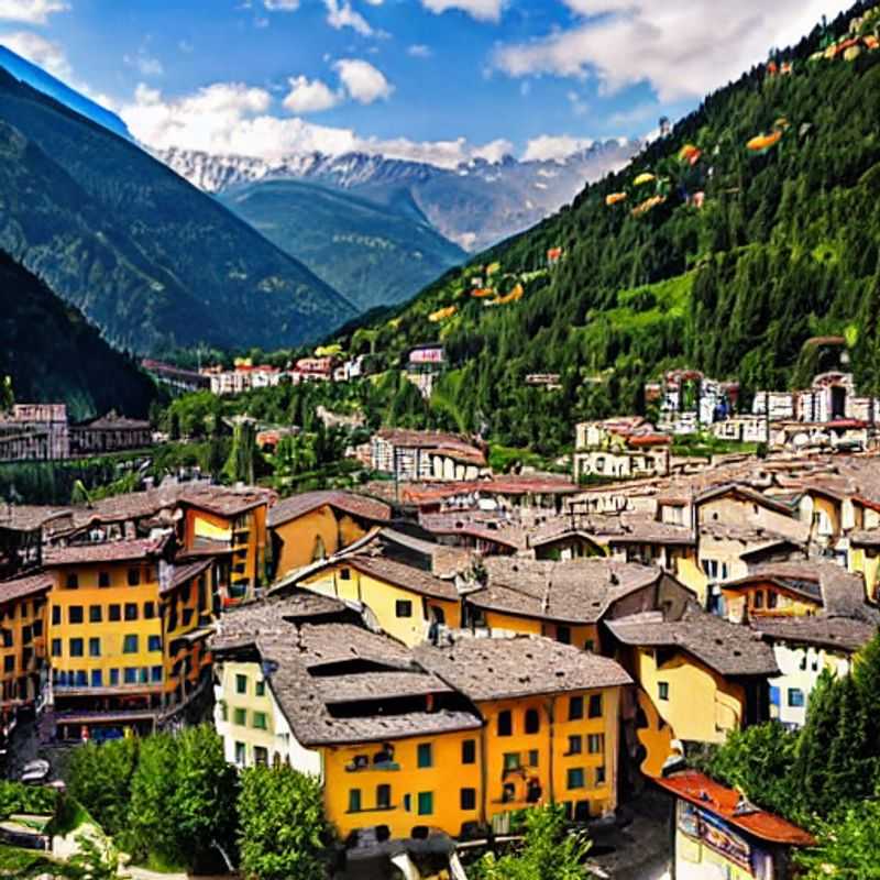 Vista panorâmica de Pila, Itália, em plena primavera, mostrando as montanhas floridas e as pistas de ski ainda cobertas de neve, um destino perfeito para aproveitar ao máximo as férias da primavera.