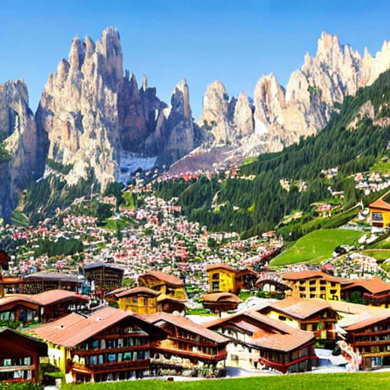 Casal explorando as trilhas floridas de Val Gardena, Itália, durante as férias da primavera, com as Dolomitas como um cenário espetacular.