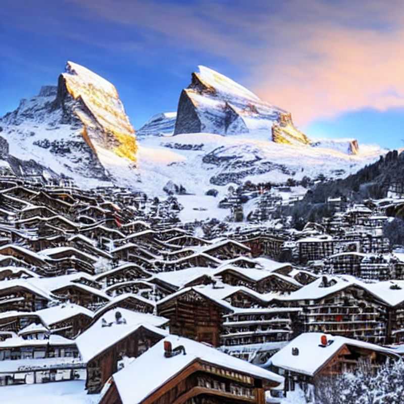 Immerse yourself in the breathtaking alpine paradise of Zermatt, Switzerland during spring break, where snow-capped peaks meet lush greenery, as two adventurous individuals ski down the pristine slopes surrounded by majestic mountains.