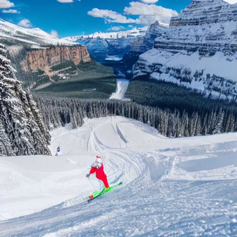 Des skieurs dévalent les pentes ensoleillées de Lake Louise Ski Resort, au Canada, profitant du soleil printanier et des paysages époustouflants durant les vacances de printemps.