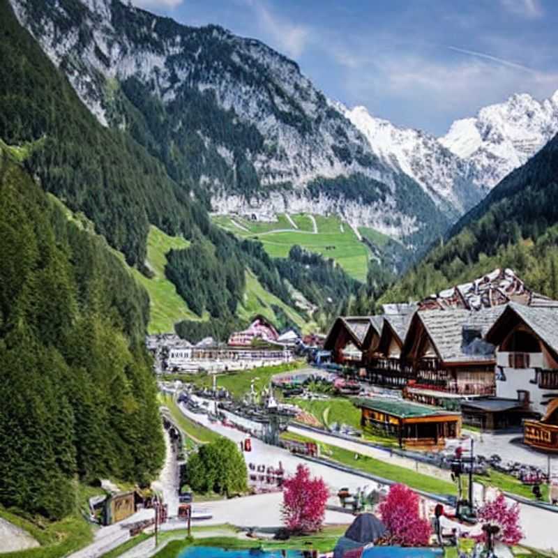 Casais brindando com canecas de cerveja austríaca, com os picos alpinos florescentes de Mayrhofen ao fundo, durante suas animadas férias de primavera.