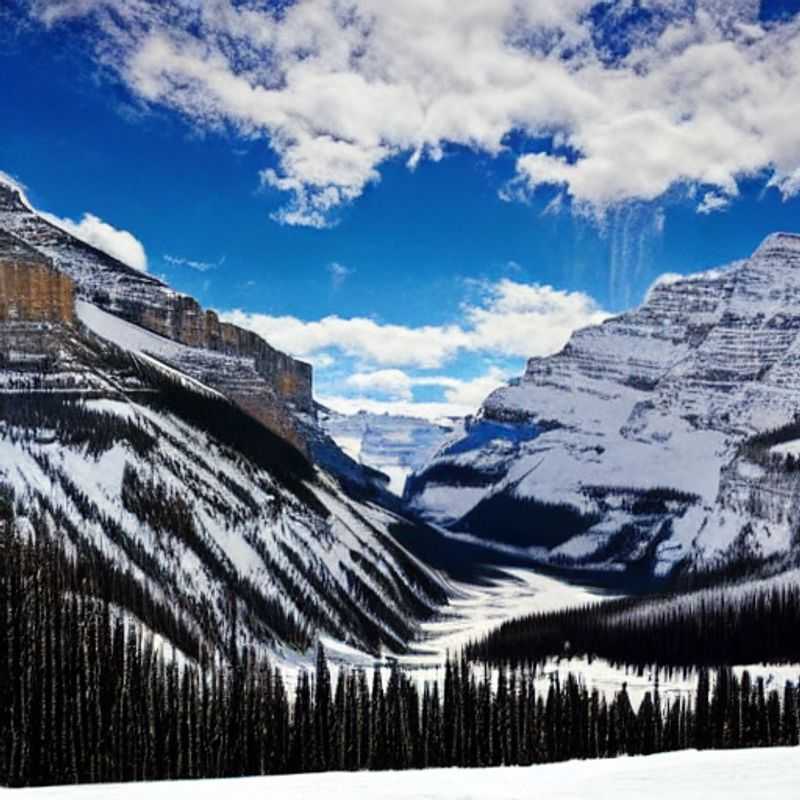Deux skieurs dévalent les pistes enneigées de Lake Louise Ski Resort, au Canada, profitant du soleil printanier et des paysages spectaculaires lors des vacances de printemps.