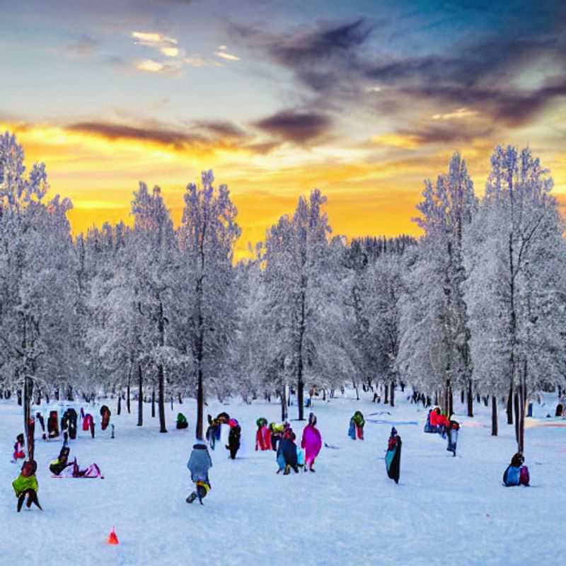 Casal aproveitando o sol da primavera em Levi, Finlândia, com montanhas nevadas ao fundo - aventura e relaxamento definindo suas férias de primavera!