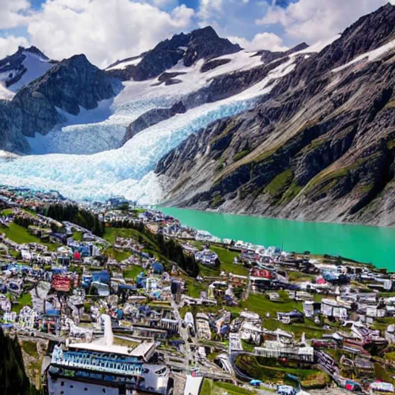 Vista deslumbrante do Glaciar Pitztal, Áustria, com esquiadores aproveitando o sol da primavera durante o recesso escolar.