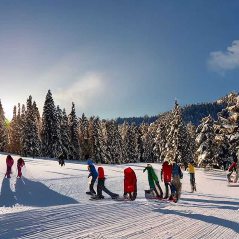 Casal curtindo o sol da primavera em Squaw Valley, EUA, com montanhas nevadas ao fundo. A aventura perfeita para as férias da primavera! (Couple enjoying the spring sun in Squaw Valley, USA, with snowy mountains in the background. The perfect spring break adventure!)