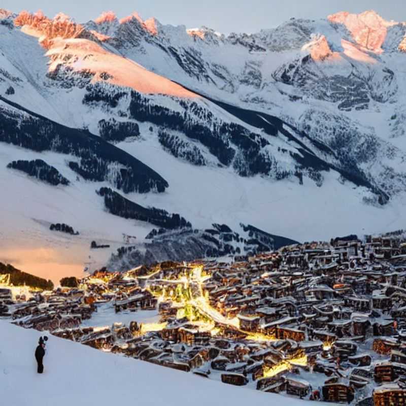 Pareja disfrutando del sol primaveral en Les Deux Alpes, Francia, con pistas de esquí inmaculadas y vistas alpinas impresionantes, durante sus vacaciones de Semana Santa.