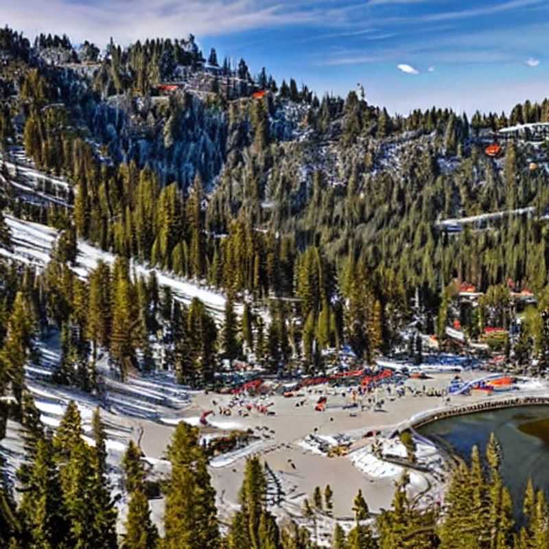 Casal curtindo o sol da primavera em Squaw Valley, Califórnia, com as montanhas ainda cobertas de neve ao fundo - a combinação perfeita para um spring break inesquecível!